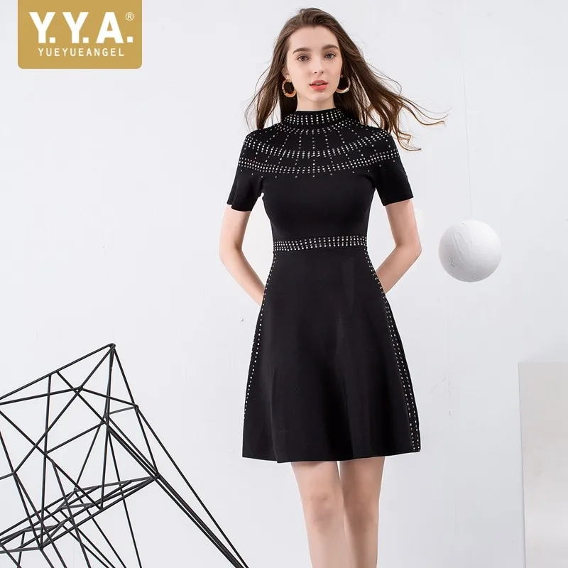 

France Elegant Ladies Short Sleeve Turtleneck Knitted Dress Women Slim Fit Party Mini Length Rivets Dress Classic Black Dresses