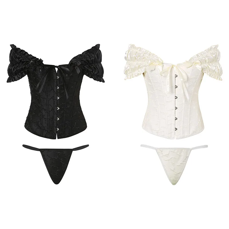 

Женские корсеты в комплекте, модный винтажный цветочный Комплект с пряжкой на шнуровке, бюстье, Короткие топы + трусы, стринги, сексуальное н...