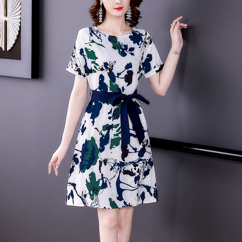 

Women Vintage M-4XL Plus Size Chiffon Beach Dress Summer Casual Print Mulberry Silk Midi Dress 2021 Elegant Slim Party Vestidos