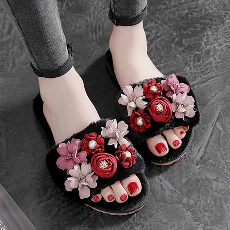 Тапки женские зимние меховые с цветами теплые без застежки плоская подошва