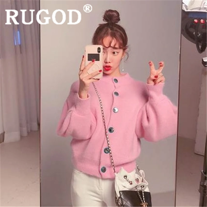 RUGOD осенний зимний теплый свитер кардиган для женщин с круглым вырезом с рукавом-фонариком свободные сладкий и нежный свитер модный женский ins - Цвет: Розовый