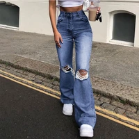 womens jeans flared ripped wide leg 2021 new bell bottom jean black blue loose denim pants slouchy streetwear large size 2xl