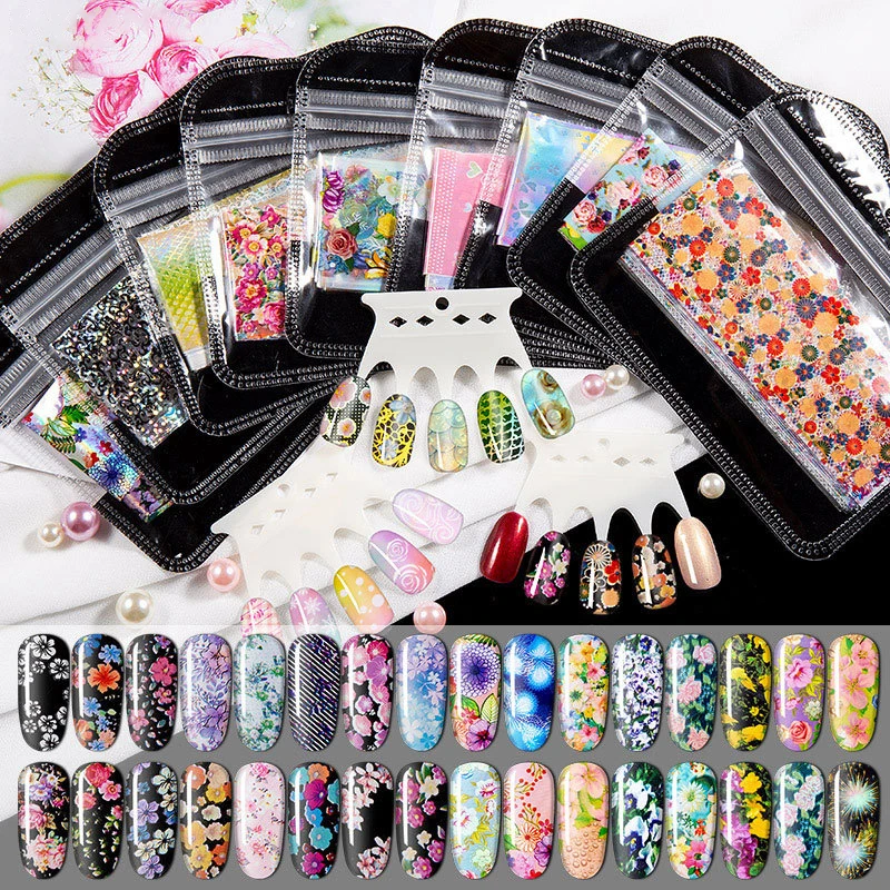 

1set Nail Holographics Transfer Flower pattern Slider Shimmer Sticker For Wrap Adhesive Manicures DIY Decoration Set Nail Paper