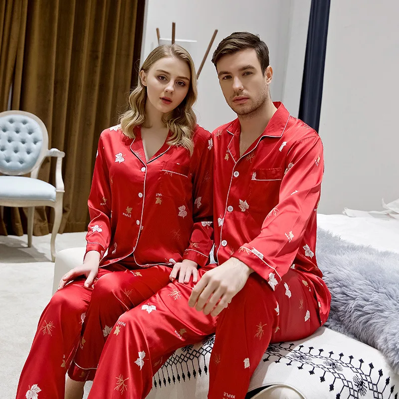 

Luxury Pajama suit Couple Pajama Sets Silk Satin Pijamas Sweet Sleepwear Home Suit Pyjama For Lover Man Woman Lovers' Clothes
