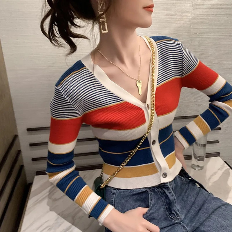 

Autumn Winter Fashion Women Stripes Print Slim Long Sleeved Slim Bottom Cropped Knit Sweater Pullover Tops
