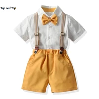 top and top new summer infant baby boys gentleman clothes casual short sleeve bowtie shirtssuspenders shorts 2pcs outfits sets