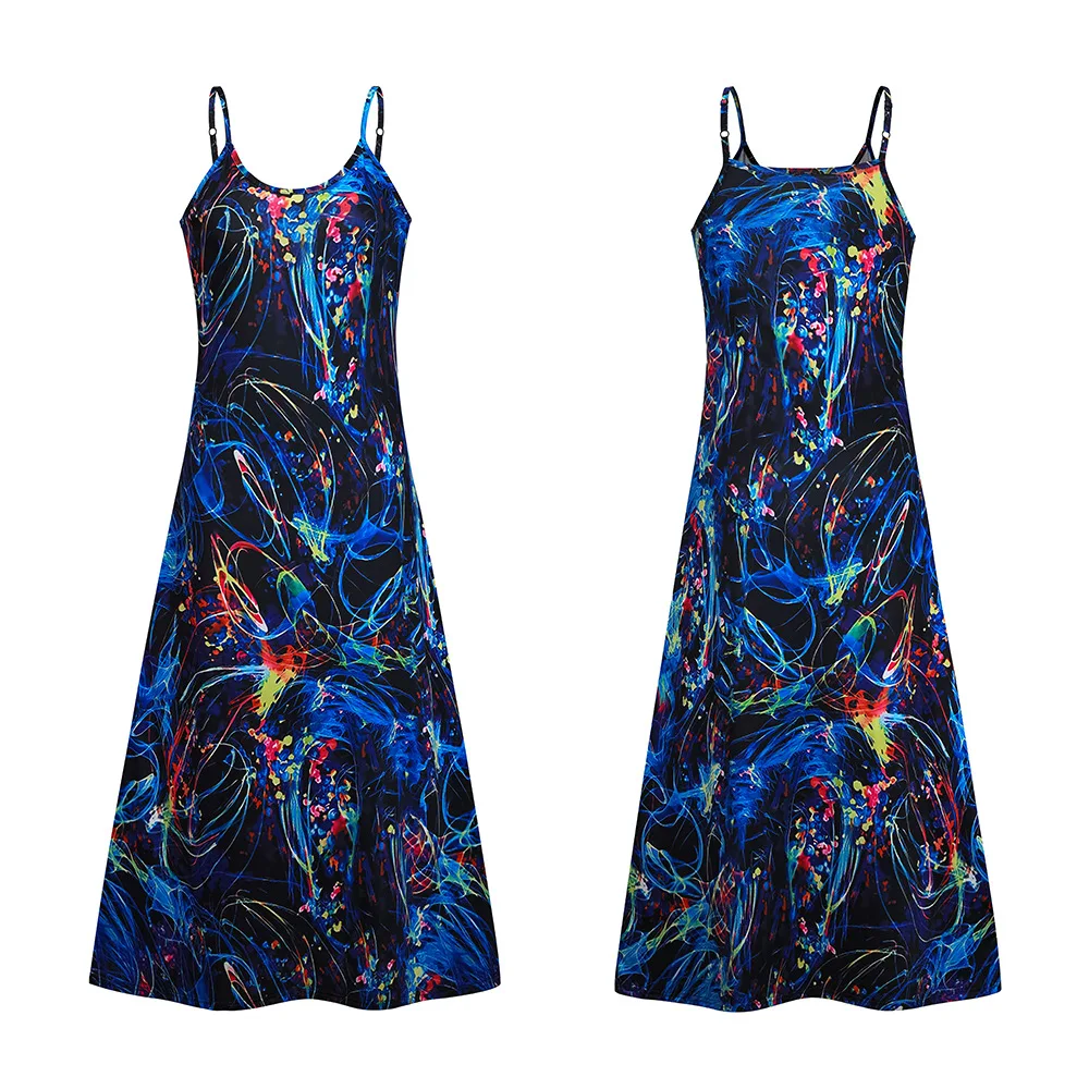 

Summer Women's Printed Dress Casual Sleeveless Boho Spaghetti Strap Ladies Dress Streetwear Loose Dressses Women Clothes Vestido