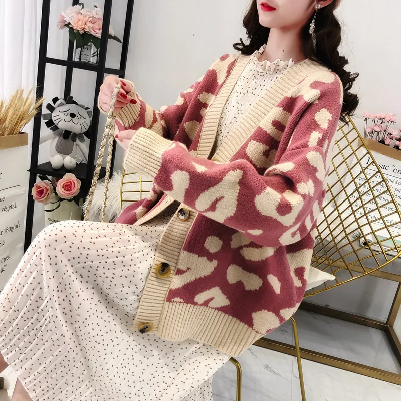 

Женский зимний Кардиган с длинным рукавом и V-образным вырезом, Леопардовый вязаный свитер, женские повседневные толстые кардиганы с принто...