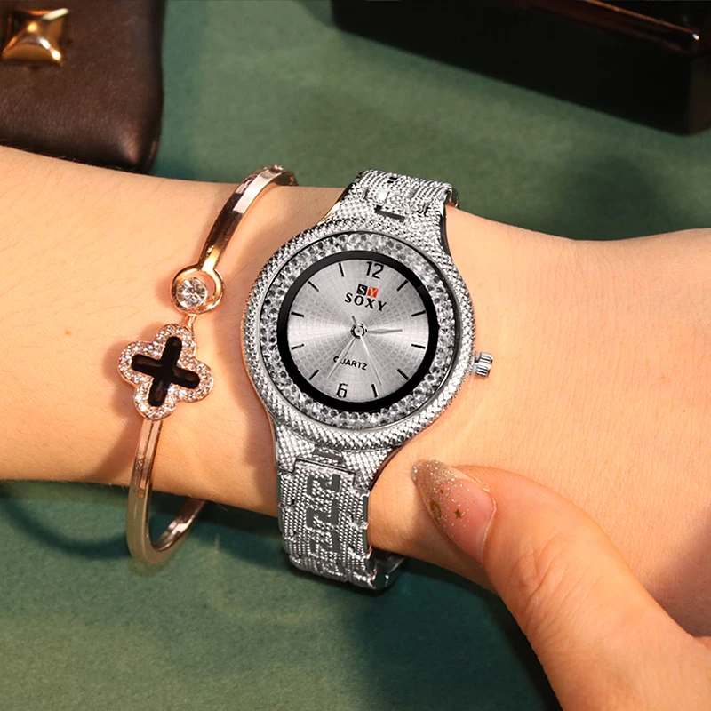 Женские кварцевые часы новые роскошные со стразами браслет из нержавеющей стали