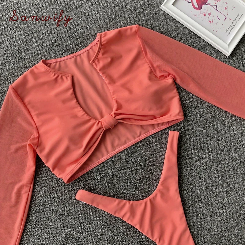 

Bikinis 2019 Summer Sexy Long Sleeve Twist Knot Crop Top Thong Bathing Suit Women Push Up Swimsuit