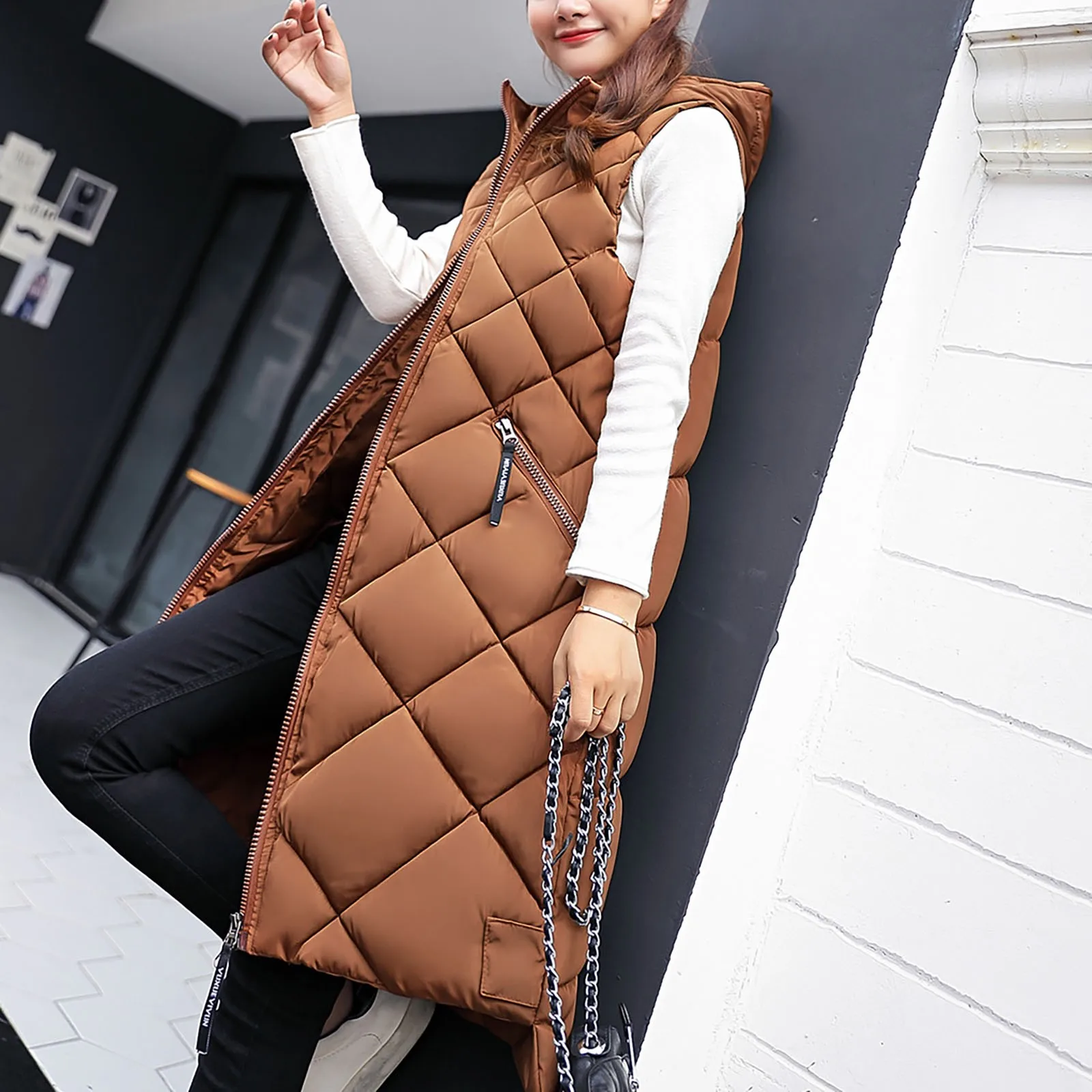 

Красивая Женская теплая пуховая хлопковая куртка для женщин, зимнее однотонное Стеганое пальто с капюшоном, длинный жилет на молнии без рук...