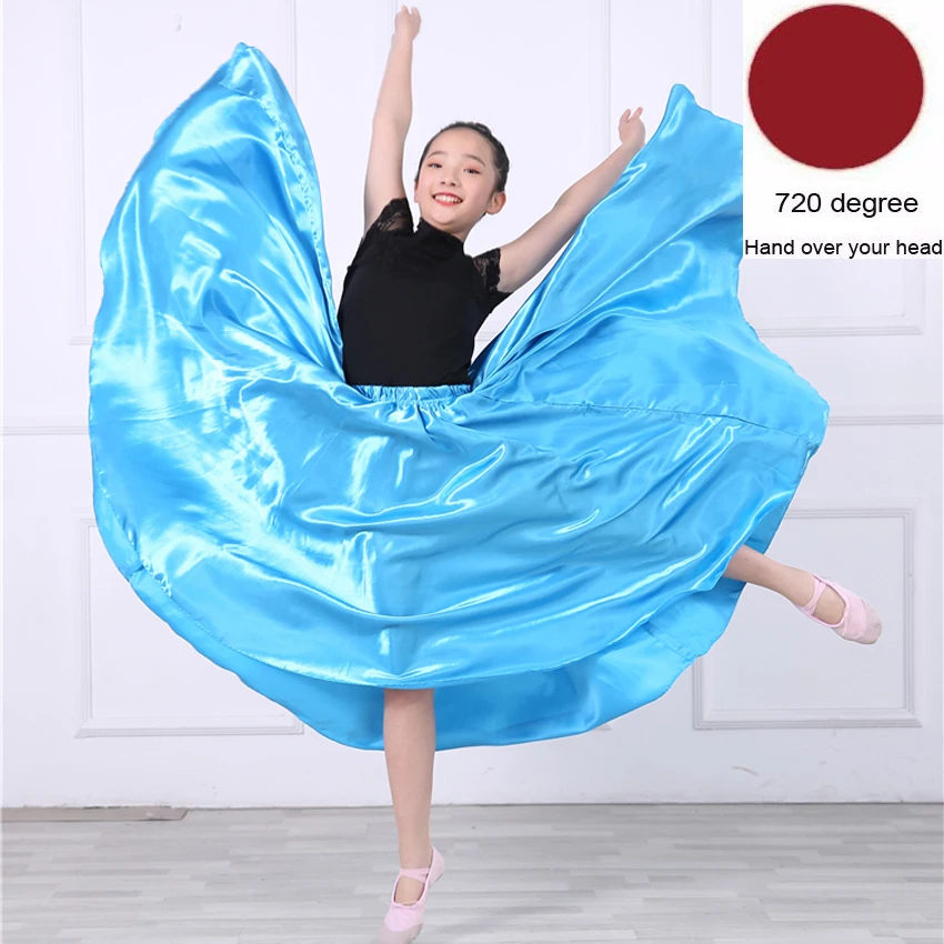Blue 720 degree Атласная, шелковая, гладкая, цыганская, детская, для девочек, для фламенко, юбка для танцев, Восточная Индия, Одежда для танцев, испанские бальные костюмы - Цвет: Blue 720 degree