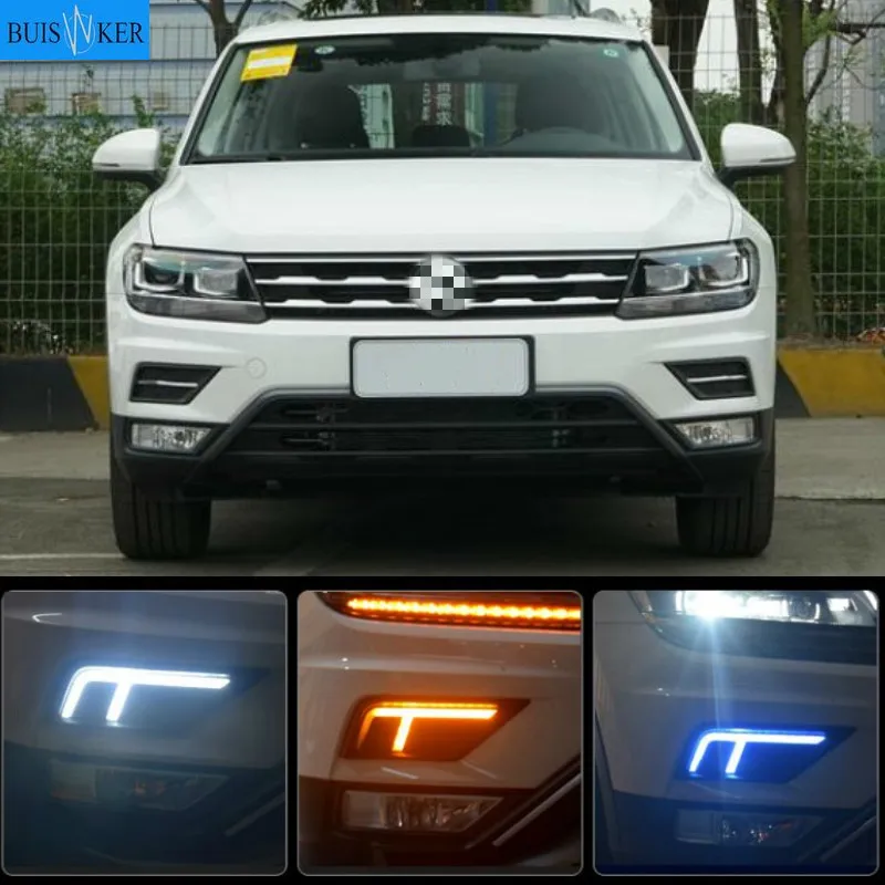 

1 пара автомобисветильник фар для Volkswagen VW Tiguan 2017 2018 2019 DRL дневные ходовые огни с желтым указателем поворота противотуманная фара