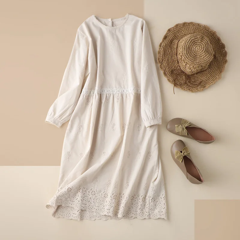 

SHUCHAN Embroidery White Dress Linen Bohemian Loose Summer Dress Women 2021 New Mid-Calf Solid O-Neck Long Sleeve