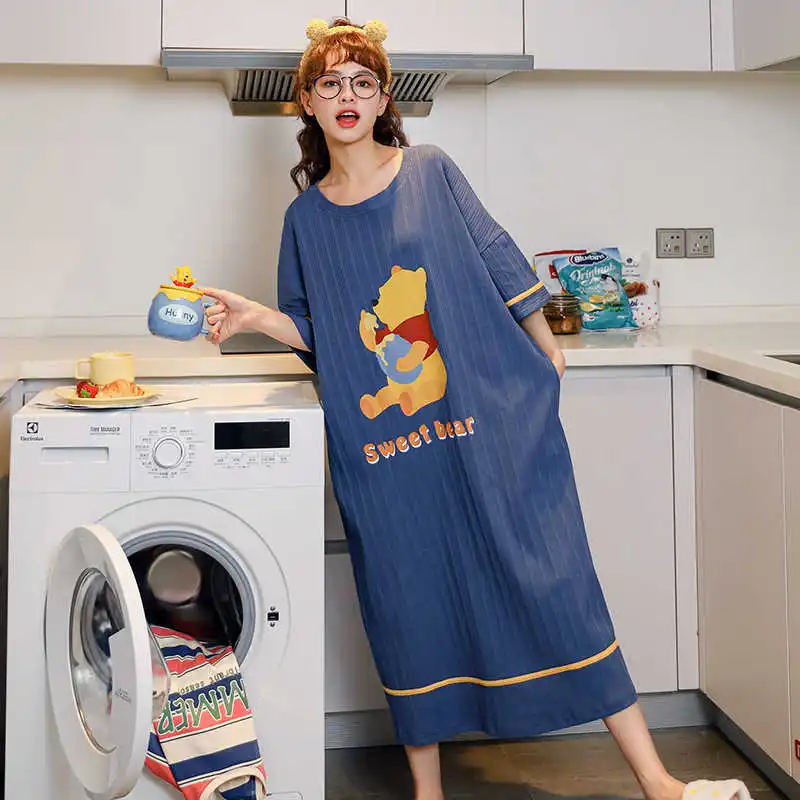 

Pajamas women's summer short sleeve medium length summer women's nightdress cotton lovely cartoon loose Korean long skirt home