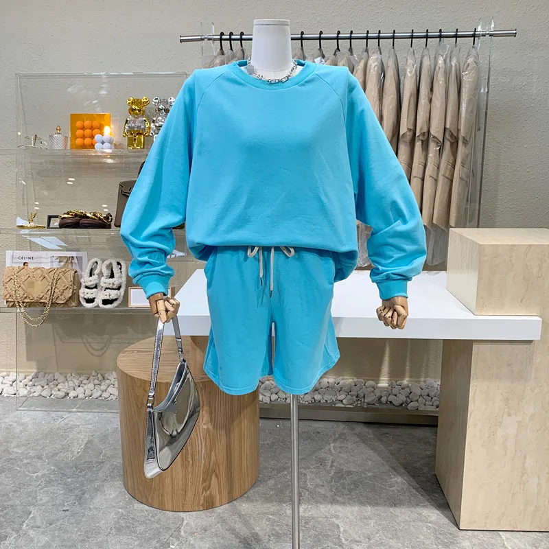 

Niche Design Solid Color Round Neck Bat-sleeve Loose Hoodie + Drawstring Stretch High Waist Wide Leg Shorts Sports Casual Suit