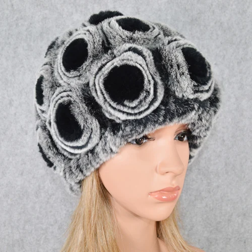 gray and black Горячая Распродажа зимние женские вязаные натуральный настоящий мех кролика шапки женские теплые Настоящий мех кролика шапки Цветочные меховые шапочки - Цвет: gray and black
