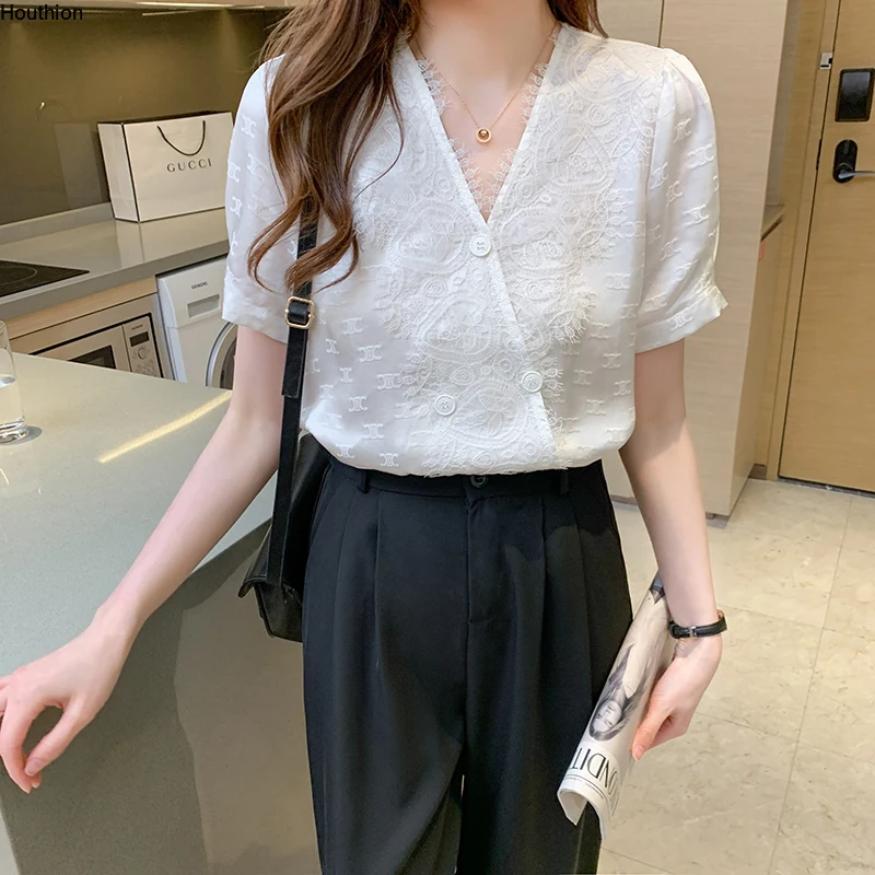 

Chiffon Women's Blouses New Casual Lace Shirt Buttons V-neck Summer Fashion Short Sleeve Top Lady Clothing Houthion
