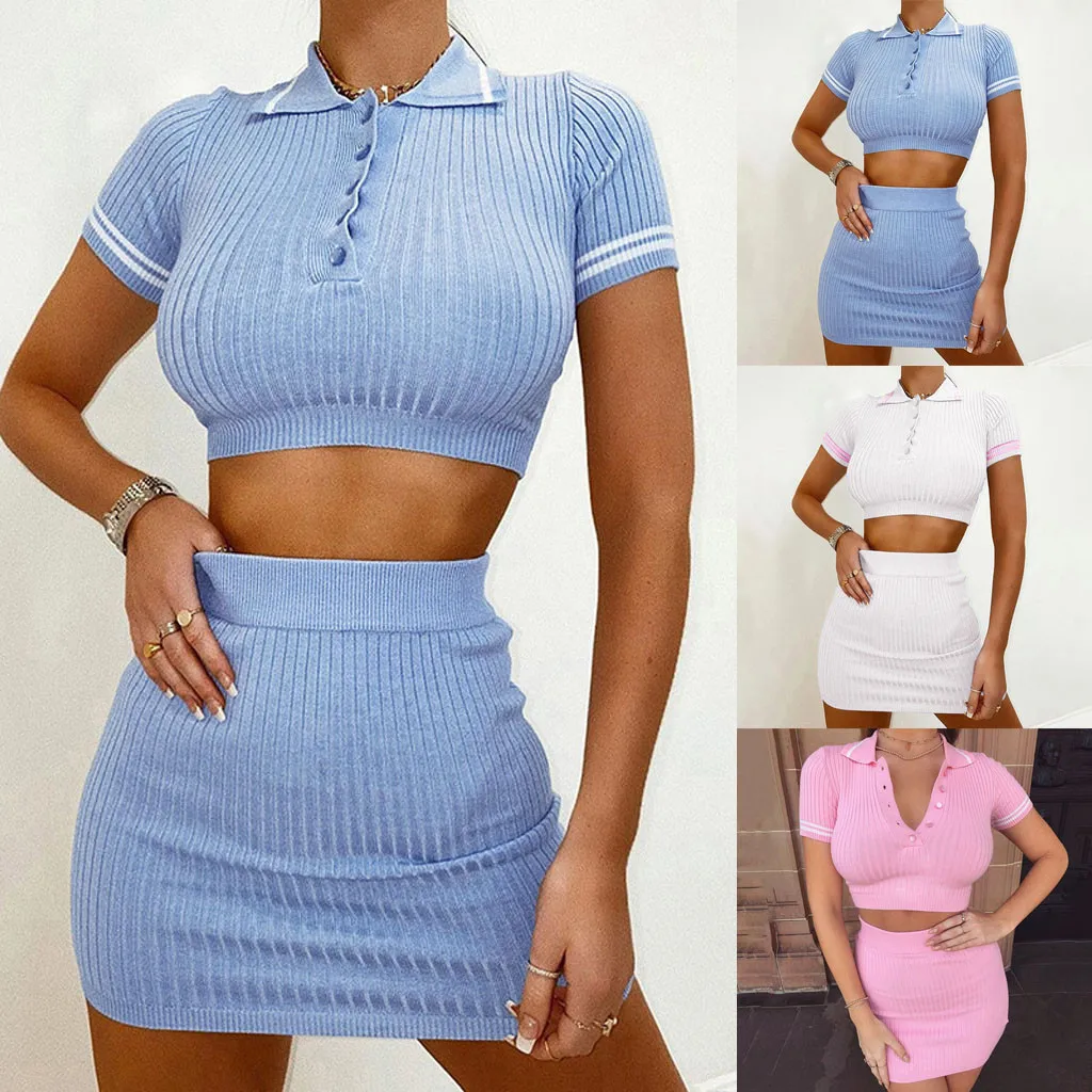 

2021 Summer Women Sexy Crop Top Skirt Sets Two Piece Set Fashion Knit Solid Slim Short Sleeve Top Skirt Suit Clothes Streetwear