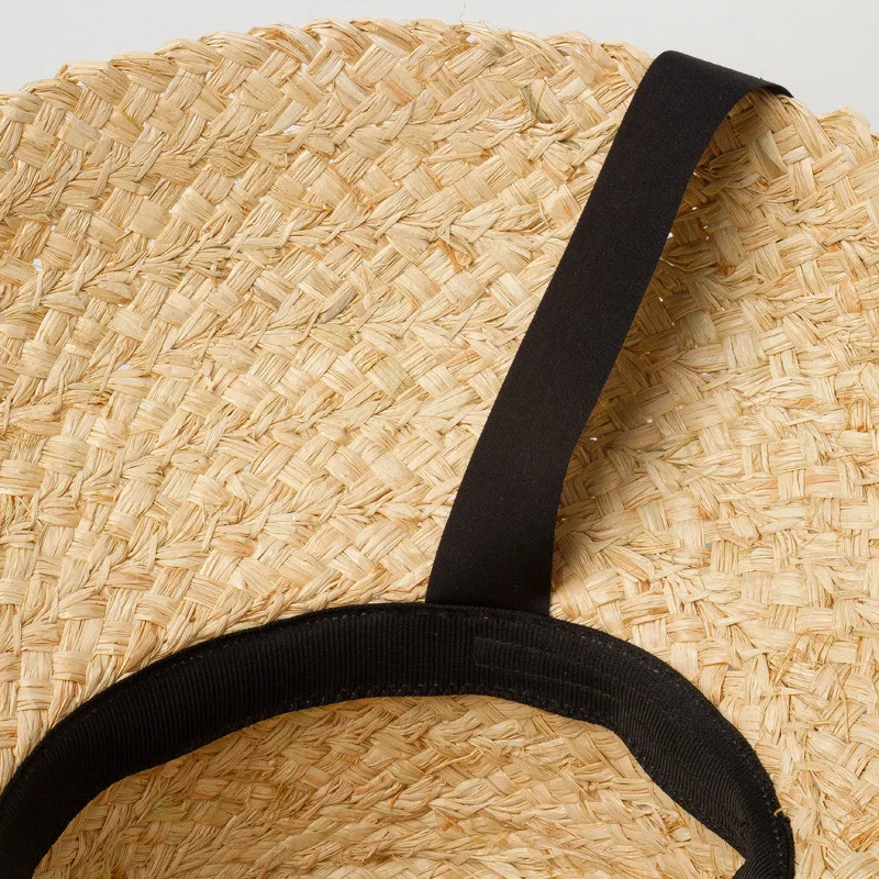 20205-HH7330  long ribbon Handmade raffia grass Hepburn style Lampshade shape lady  bucket  hat Outdoor women holiday beach  cap