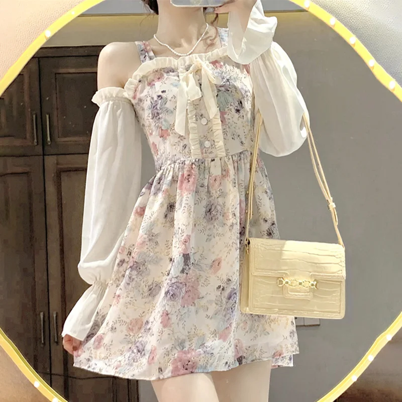 

Summer Floral Strap Elegant Sweet Dress Women Pink Korean Slim Design Long Sleeve Casual Dress High Waist Party Mini Dress 2021