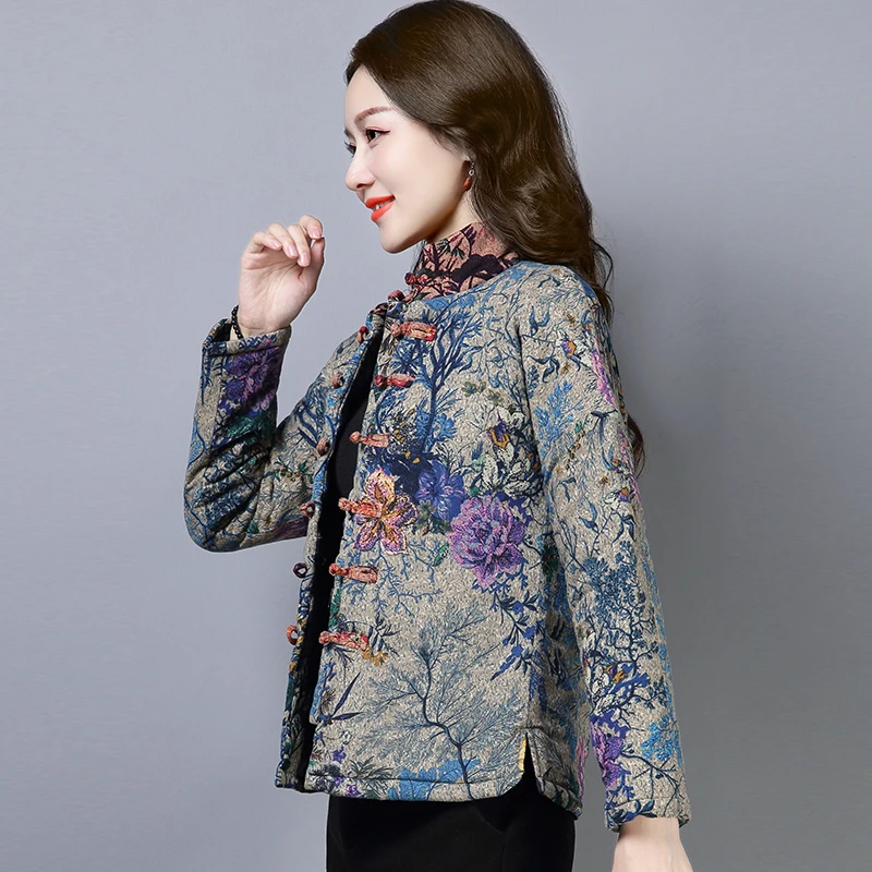 2019 Autumn Women's Retro National Wind Coat Short Section Thin Disc Buckle Printed Cotton Parkas | Женская одежда