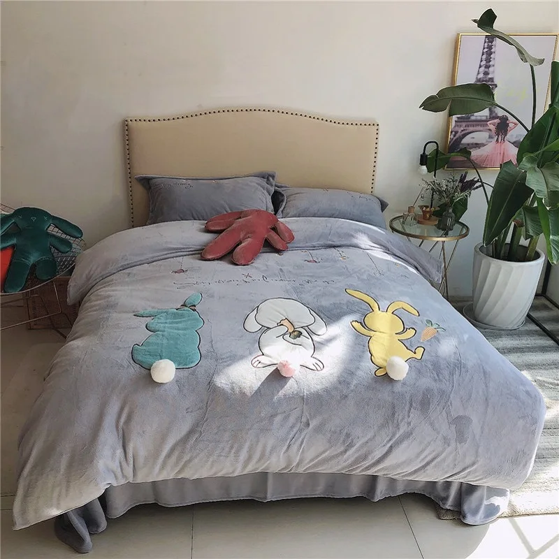 Серый розовый милый мультяшный кролик с вышивкой зимний бархатный флисовый