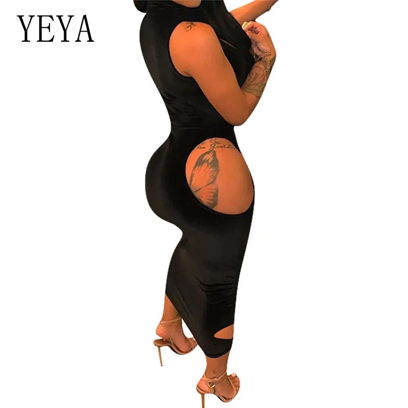 

YEYA Nightclub Sexy Bodycon Irregular Hollow Out Package Hip Turtleneck Sleeveless Strapless Elegant Women Casual Party Dresses