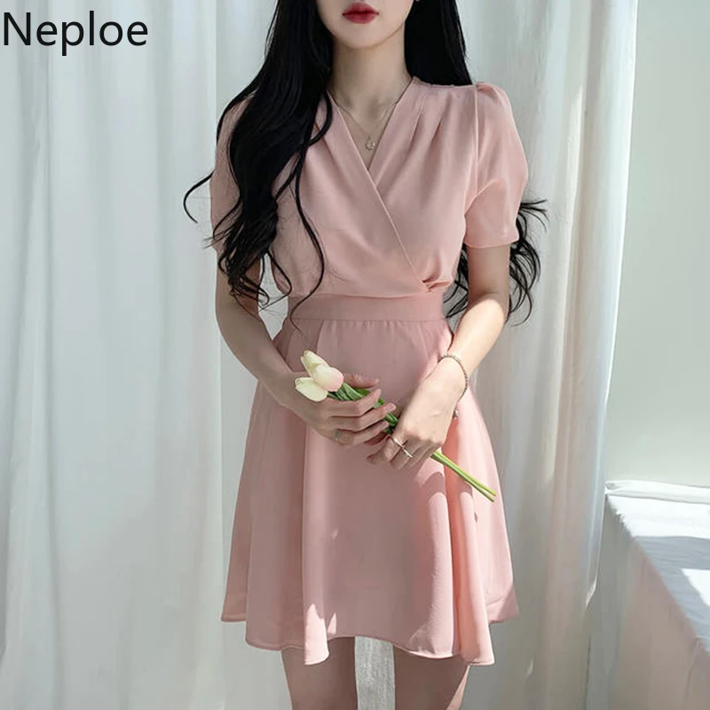 Женское шифоновое платье Neploe розовое ТРАПЕЦИЕВИДНОЕ ПЛАТЬЕ до колена с высокой