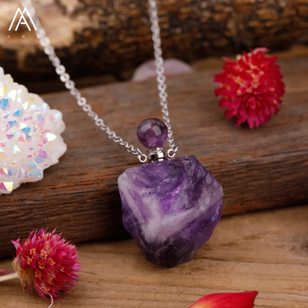 

Raw Amethysts Roses Citrines Lemon Crystal Perfume Bottle Pendant Necklace For Women Gemstones Pendant Jewelry Gift Dropship