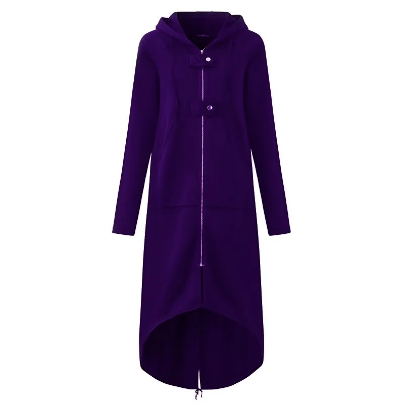 Purple Женское зимнее пальто с длинным рукавом и капюшоном, Осеннее повседневное черное пальто на молнии размера плюс 5XL, бархатное длинное пальто, Женское пальто, одежда 019 - Цвет: Purple