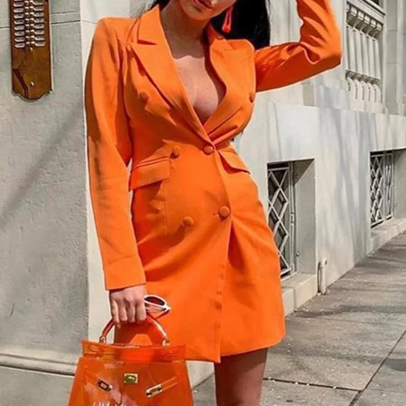 

Women's Blazer Dress Long Sleeve Spring Double Breasted Notched Pockets Female Dresses 2021 Fashion Solid Casual Ladies Clothes