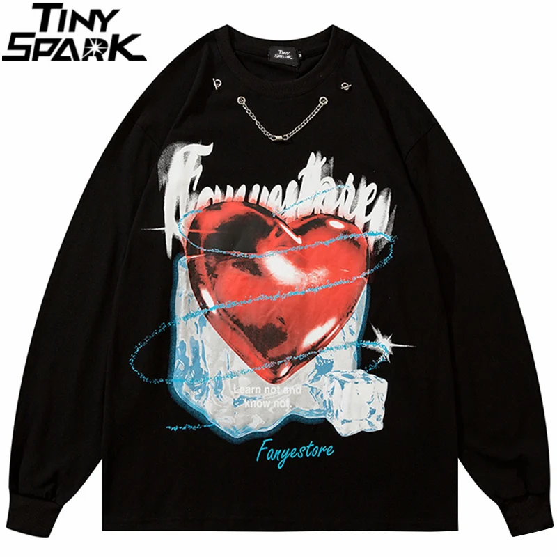 

2021 Hip Hop Streetwear Pullover Sweatshirt Chain Heart Letter Print Sweatshirt Harajuku Cotton Loose Pullover Autumn Sweatshirt