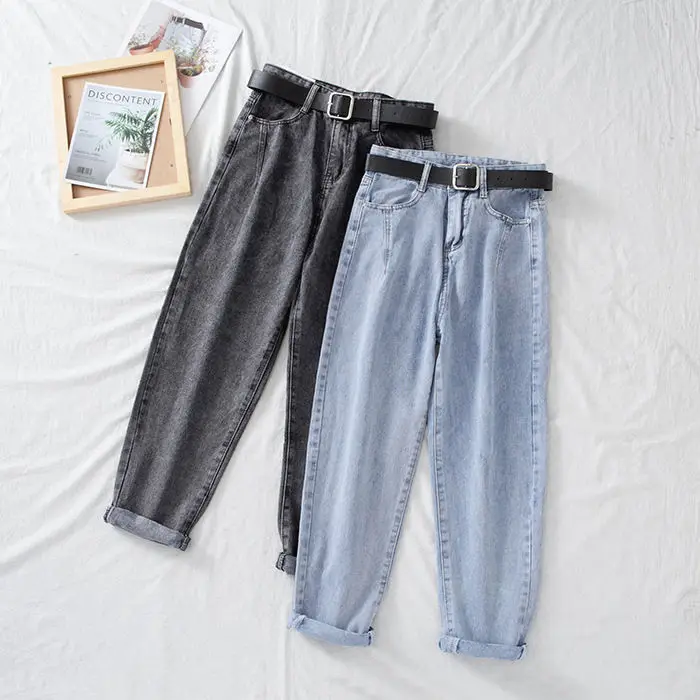 

Women's High-waist Straight-leg Jeans Female Loose Slim Pants Solid Color Washed Carrot Harem Pants Trousers Free Sashes 2XL