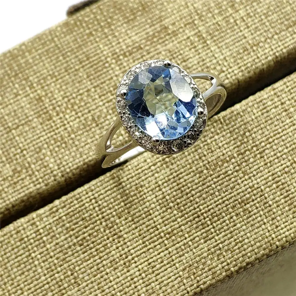 

9x8mm Genuine Natural Topaz Blue Gemstone Ring Adjustable Size Clear Bead For Woman Men 925 Sterling Silver AAAAA