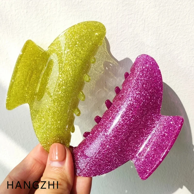 HANGZHI 2021 New French Glitter Pink Bath Barrette Acrylic Hair Clip Shark Claw Hairpin Fashion Head Accessories for Women Girl images - 6