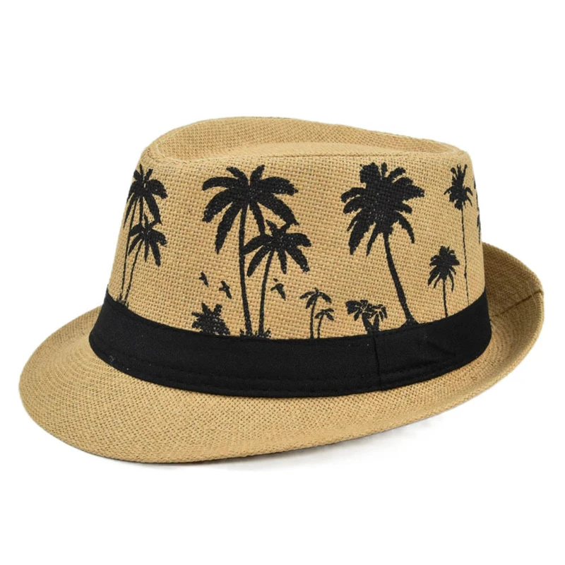 

Linen Fedora Hat Men and Women Coconut Tree Flat Edge Jazz Hat Panama Casual Sunshade Four Seasons Breathable Beach