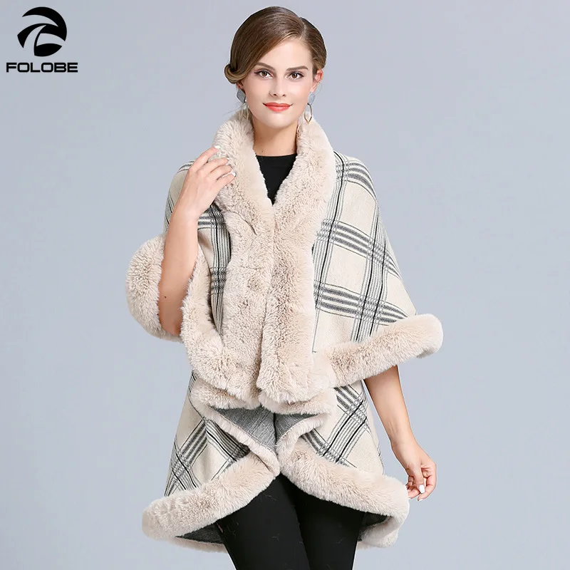 

2020 Warm Fake Fox Fur Long Faux Cashmere 2 Layer Poncho Cape Cloak Out Wear Women Front Short Back Plaid Poncho Cardigan Coat