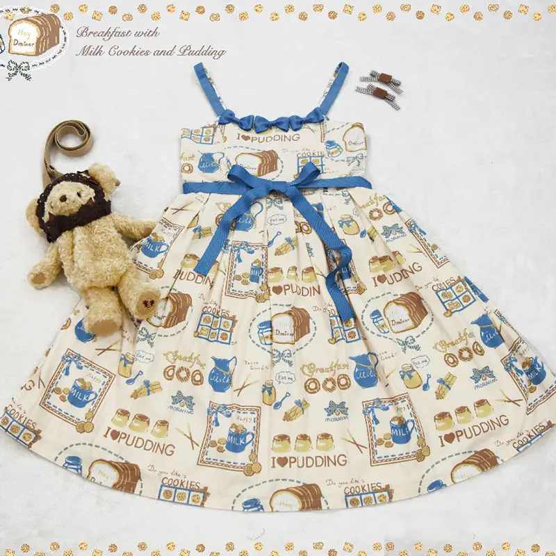 

Japanese Sweet Lolita JSK Sling Dress Breakfast Milk Cookies Pudding Kawaii Printing Lolita Cute Tea Party Dress