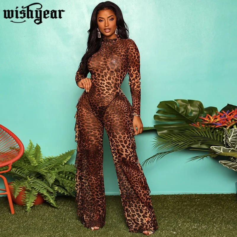

Женский леопардовый комбинезон Wishyear, Облегающий комбинезон с высоким воротником и длинным рукавом, комбинезон с оборками, для осени