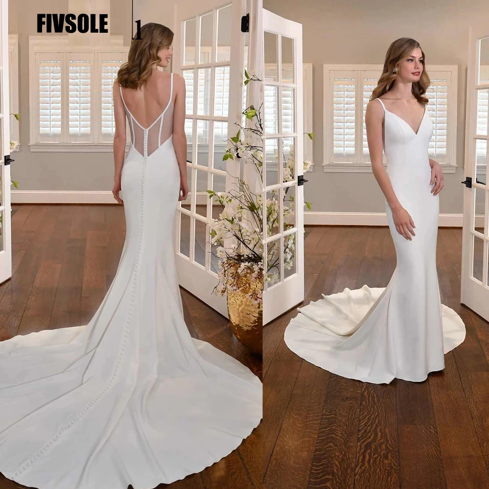 

Fivsole New V Neck Mermaid Wedding Dress Beach Long Sleeveless Bridal Gowns Sexy Back Button Long Bridal Marriage Gowns Dress