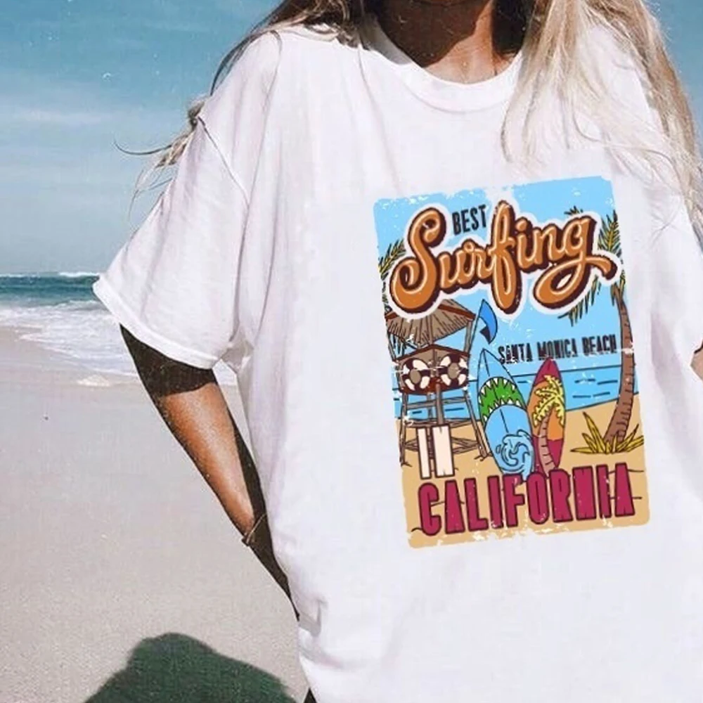 

Vacation Beach T Shirt Summer White Tee The Best Surfing Women's Retro Style T Shirt Casual Oversized Tee