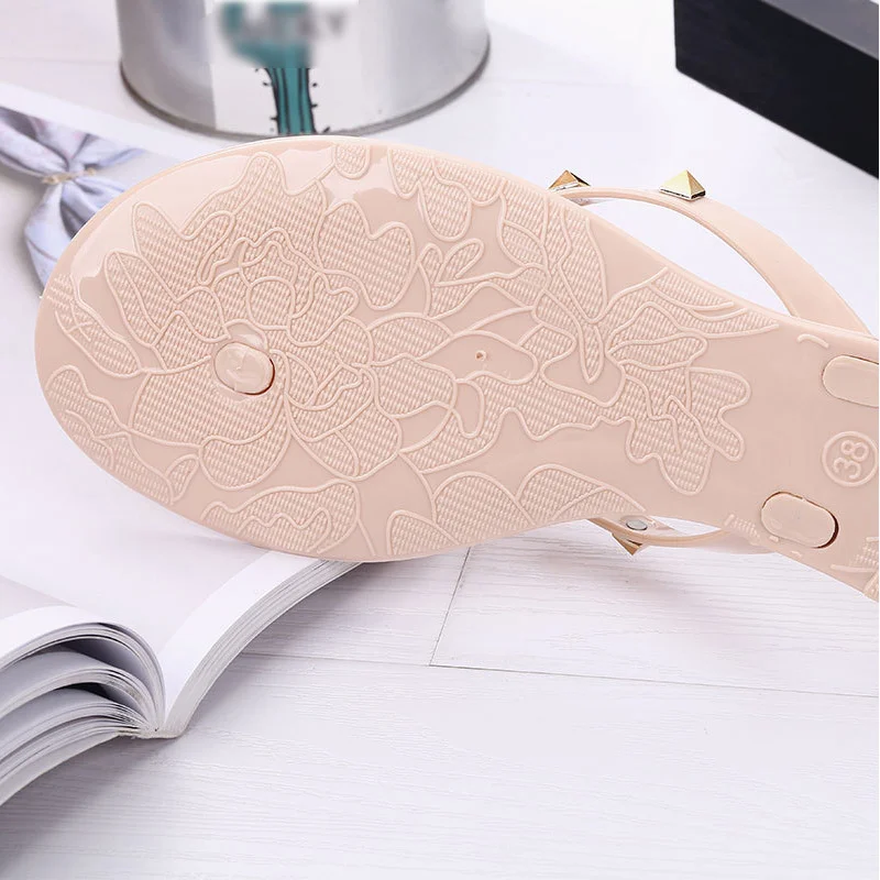 

Women Slippers Clip Toes Transparent Rivet Bowknot Females Sandals Flat Non Slip Ladies Footwear Casual 2021 New Summer