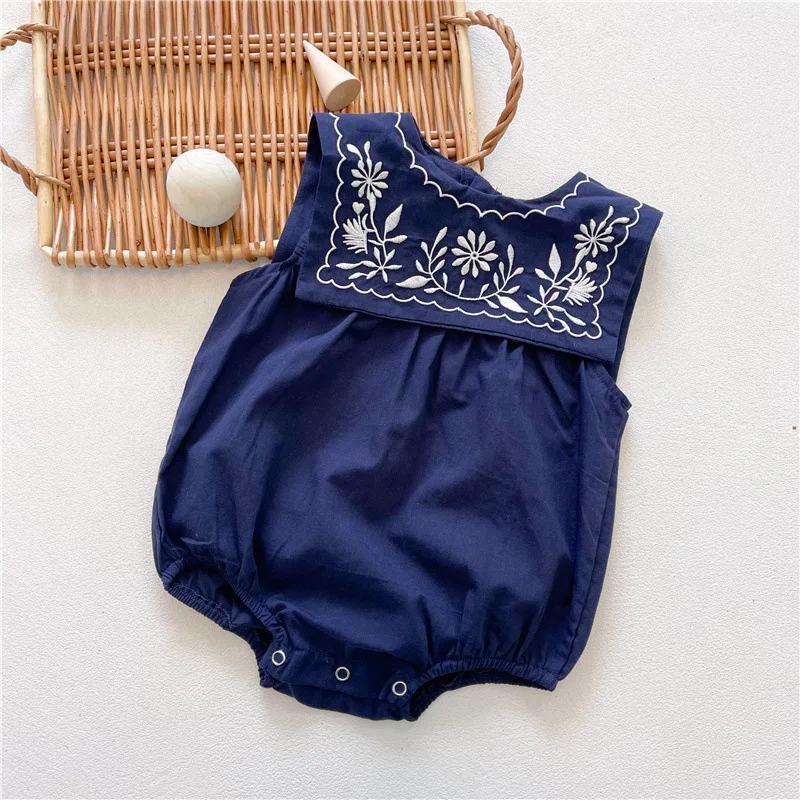 

2021 Newborn Infant Baby Boy Girl Fashion Navy Collar Flower Embroidery Sleeveless Bodysuit Kid Cotton Casual Thin Bodysuits