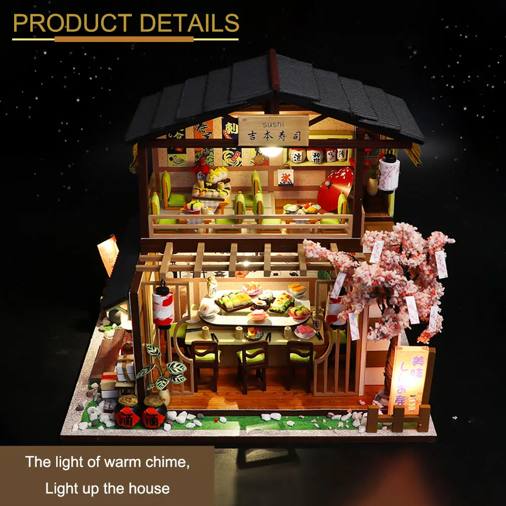 DIY Wooden Dollhouse Japanese Sushi Bar Architecture House Model Villa Handmade Assembling SushiBar Ancient Relief Creative Gift | Игрушки и