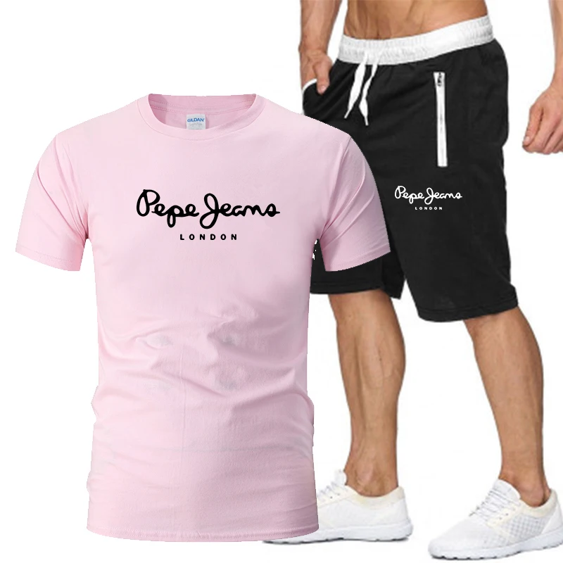

Summer Thin Cotton Print Suit Men's O-Neck T-Shirt + Shorts Two-Piece Running Fitness Clothing Training Suit Loose Breathable