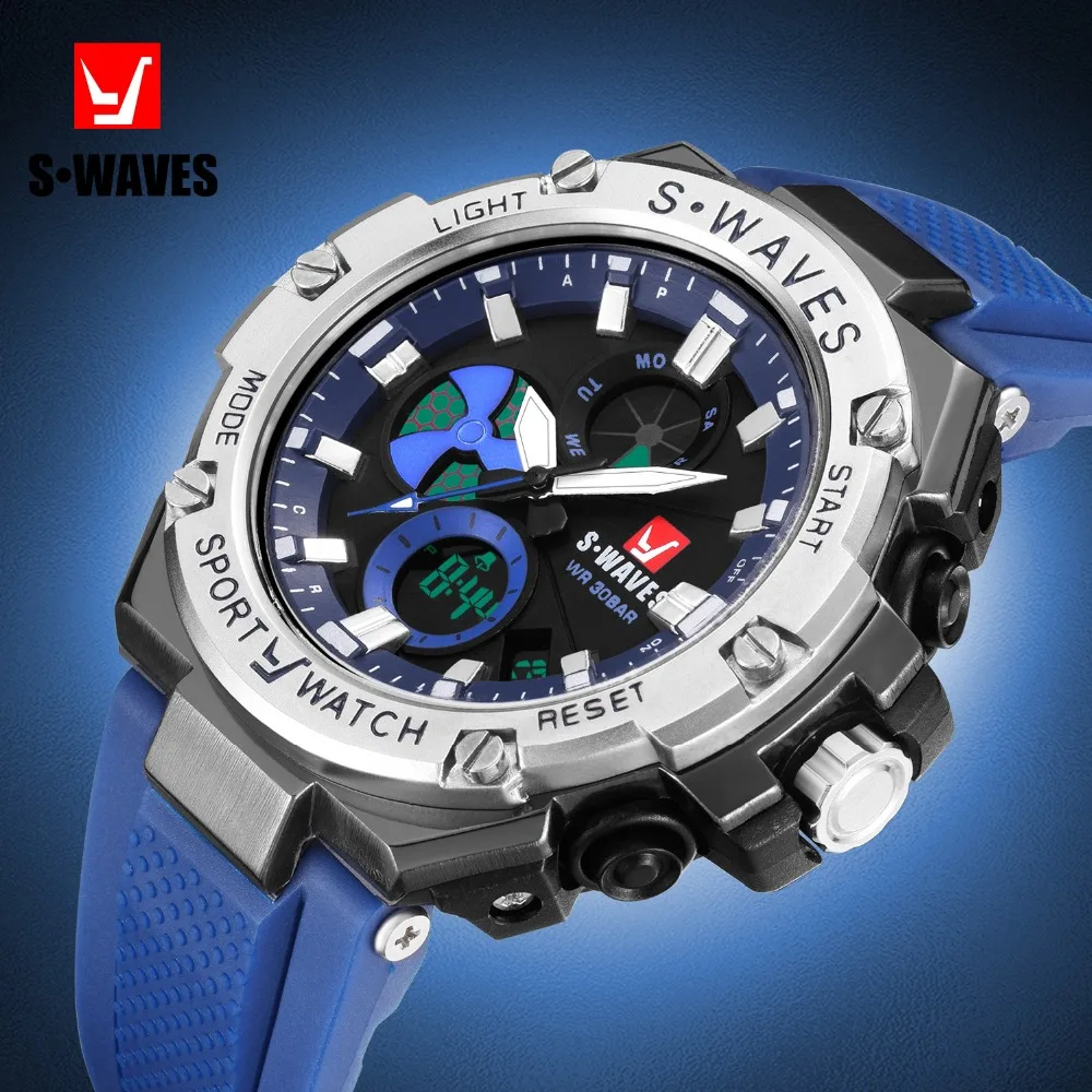 SWAVES ЖК наручные часы мужские водонепроницаемые электронные с двойным дисплеем
