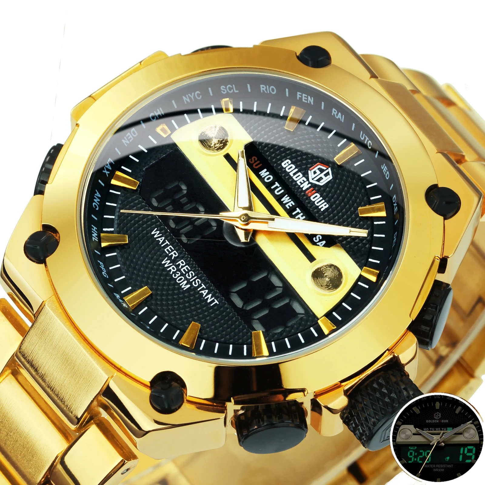 Часы наручные GOLDENHOUR Мужские кварцевые спортивные цифровые светящиеся с двойным
