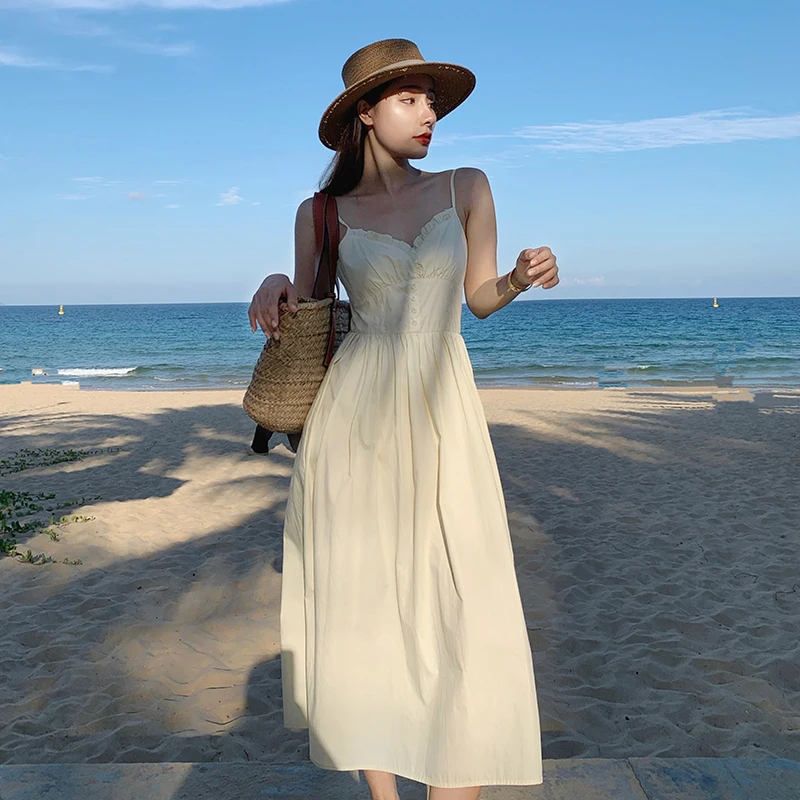 

Юбка на бретельках, летняя юбка А-силуэта средней длины, белое платье, темпераментная юбка для отдыха на море