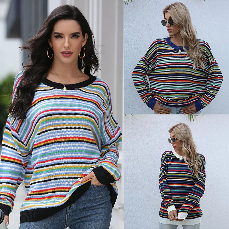 

Свитер женский трикотажный, в полоску, с круглым вырезом и длинным рукавом, на осень, 2021